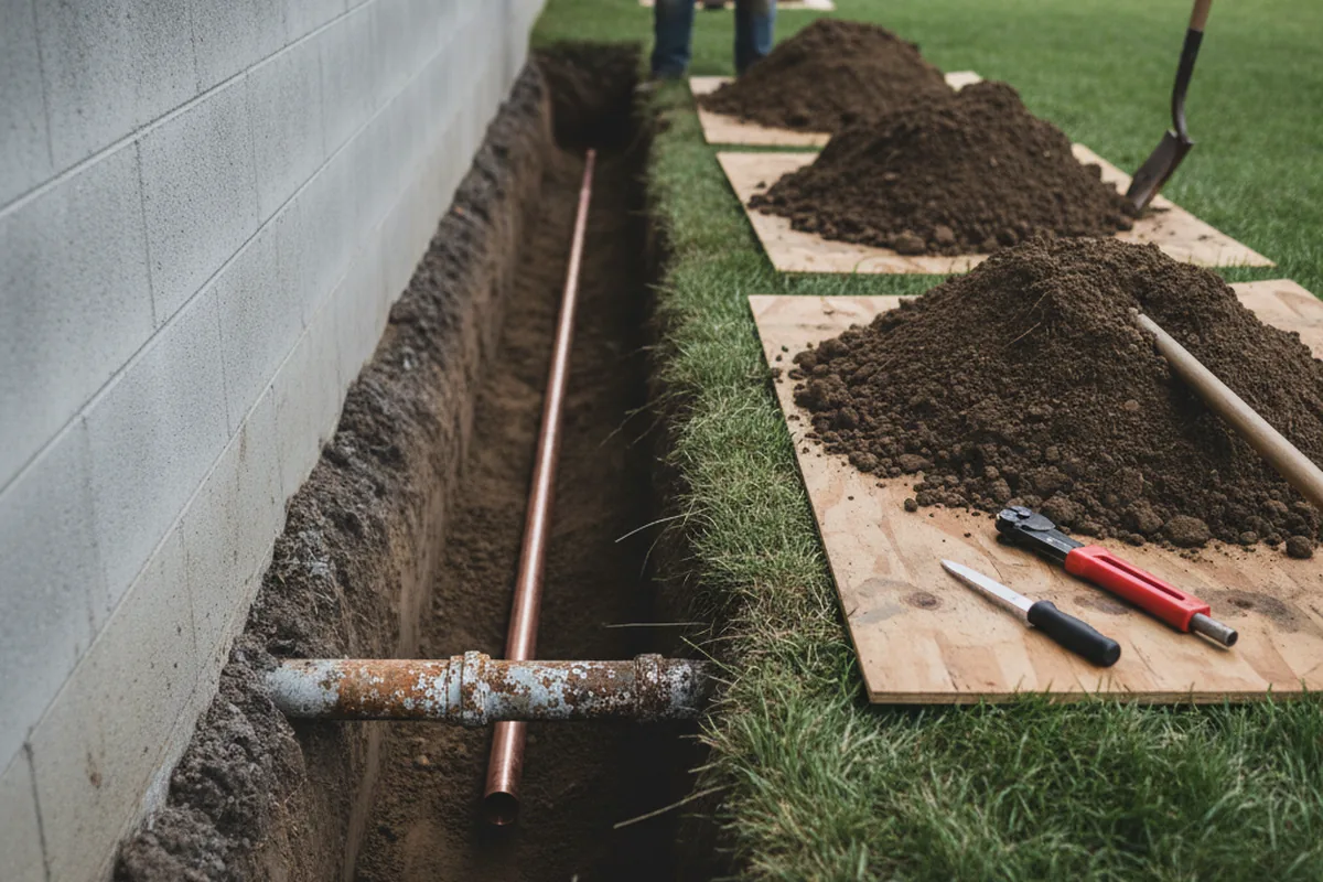 Excavated water line trench during Water Softener Installation in Aristes